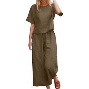 Summer Pyjamas For Women Uk Plus Size 2 Piece Outfits for Women UK Ladies Going Out Trousers Suits Summer Leisure Sets Casual Soft Round Neck Short Sleeve Suit Wide Leg Straight Long Pants Set Women Leisure Suits