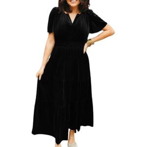 SHINROAD Vintage A-line Velvet Dress Women Cocktail Summer Pleated Patchwork Big Swing Short Sleeve Loose V Neck Solid Color Tight Waist Soft Ankle Length Black 3XL