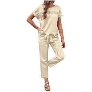 rtdgcv Women's Trouser Suit Women's Outfit Set Spring/Summer 2024 Casual Short Sleeve Top Long Trousers Lightweight Trouser Suit Trouser Suit Women's Elegant Leisure Suit Women, beige, L