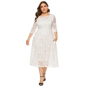 Plus Size Cocktail Dress for Women Vintage 3/4 Sleeve Floral Lace Wedding Guest Dresses Pleated High Waist A-Line Swing Dresses Formal Prom Gown Boho Lace Summer Midi Dresses with Pockets White 6XL