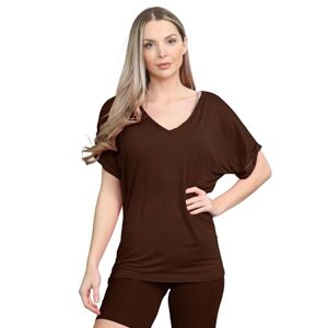 janisramone&#174; V Neck Tops for Women UK, Turn Up Short Sleeve Baggy Fit Oversized T-Shirts for Womens, Batwing Turn Up Sleeve Casual T-Shirt Sizes 8-26 Brown