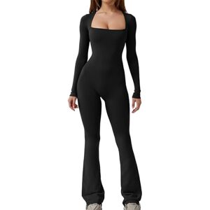 Miolasay Women's Ribbed Yoga Long Sleeve Jumpsuit Seamless Square Neck Jumpsuit Gym Stretch Bodycon Workout Playsuit (B-Black, XL)