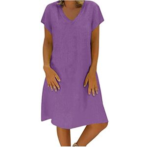 Generic L-714 Purple Women Short Sleeve Loose Fit Dresses for Teen Girls V Neck Faux Linen Beach Brunch Hawaiian Tropical Basic Midi Knee High Fall Summer 2024 Soft Comfy Clothes DT S