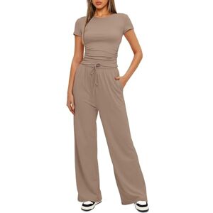 LCDIUDIU Womens 2 Piece Casual Outfits Women Crop Top Wide Leg Trousers, Gray Plain Crew Neck Short Sleeve Slim T-Shirt Straight Pants Summe Office Work Lounge Wear Co Ord Sets Khaki L