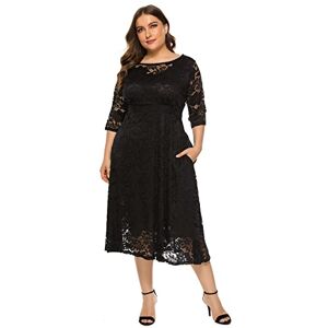 Plus Size Wedding Guest Dress for Women Vintage 3/4 Sleeve Floral Lace Cocktail Party Dresses Pleated A-Line Evening Dresses Formal Prom Gown Boho Summer Birthday Swing Dresses with Pockets Black 3XL