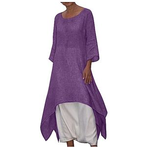 Frill Neck Blouses For Women Uk Women Cotton Linen Shirt Long Length Tunic Tops UK 3/4 Sleeve Baggy Blouse Plus Size Solid Elegant Floaty Swing Top Shirts Loose Fit Oversized Pullover Tops Clearance Purple