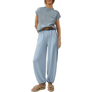 Yassiglia Women's 2 Piece Casual Outfits Spring Summer Causal Lounge Set Women Y2K Tracksuit Short Sleeve Knit Sweater Top + High Waist Pants Loungewear Streetwear (Blue, M)