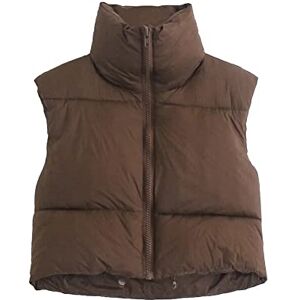 Houlengs Women's Stand Collar Crop Puffer Vest Lightweight Sleeveless Winter Warm Outerwear Puffer Vest Padded Gilet, Brown, Large