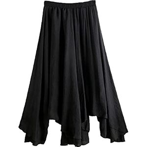 ORANZT Women's Linen Skirt Elastic Waist Band Long Maxi Skirt Bohemian Style Double Layer Solid Colour Crinkled Skirt - Black