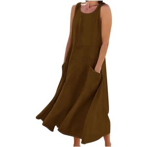 Kleider Damen Summer Dress Women's Long Linen Dresses Cotton Linen Summer Dresses Linen Plain Blouse Dress Cotton Linen A-line Dress Short Sleeve Round Neck Linen Beach Dress Maxi Dress with Pockets, #010 Coffee,