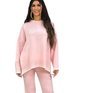Made In Italy Alam Exclusive Womens Long Sleeve Loungewear Contrast Stitching Ladies Two Piece Co ord Set Tracksuit Knitwear Jumper With Trouser (Pale Pink, One Size (8-12) UK)