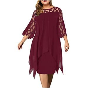 AMhomely Women Dresses Promotion Sale Clearance Ladies Perspective Mesh Chiffon Hollow Out O-Neck Double Oversize Dress Skirt Plus Size Dress Party Elegant Dress Vintage Dress UK Size S - XXXXL Wine