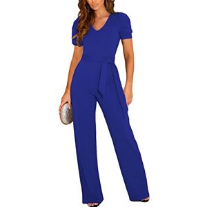 Generic Jumpsuit for Women Short Sleeve Wide Leg Pants V-Neck Playsuit Ladies Elegant Trouser Suit with Belt Jumpsuit Ladies Summer Blazer,blue,XL