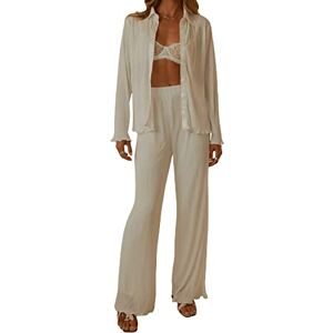 Femereina Women Pleated 2 Piece Outfits Casual Long Sleeve Lapel Button Down Shirt Blouse Top High Waist Wide Leg Palazzo Long Pants Set (A, Large)