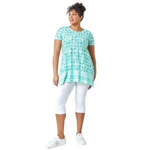 Roman Curve Women Geo Print Longline Top - Ladies Spring Everyday Summer Evening Vacation Work Holiday Short Sleeve Smart Casual - Green - Size 22