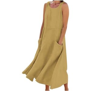 Kleid Damen Summer Dress Women's Long Linen Dresses Cotton Linen Summer Dresses Linen Plain Blouse Dress Cotton Linen A-line Dress Short Sleeve Round Neck Linen Beach Dress Maxi Dress with Pockets, #010 Yellow,