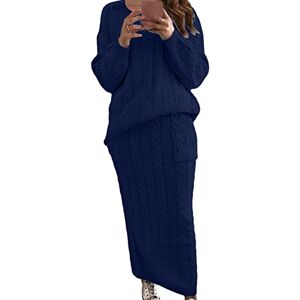 Generic001 Women's Knitted Skirt 2-Piece Set Fashion Large Size Twist Flower Needle Sweater Solid Color Round Neck Skirt Suit, Navy, M