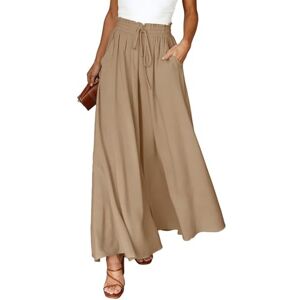 Voqeen Womens Wide Leg Trousers Summer Culottes Elastic High Waist Flowy Palazzo Trousers Loose Flared Pants Casual Baggy Trousers with Drawstring Pockets Lightweight Work Bottoms for Ladies