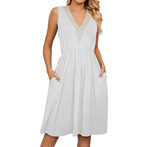 OverDose Boutique Women Summer Casual Dress Sleeveless Pockets Lace Stitching V Neck Dresses Loose Comfy Elegant Loose Dress Ruffle Dresses for Women Summer (b-White, XXL)