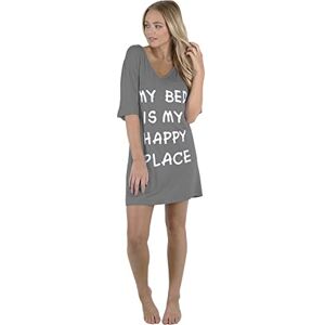 Fashion Star Women V Neck Baggy My Bed Is My Happy Place Oversized Mini PJ Shirt Dress Grey M/L (UK 12/14)