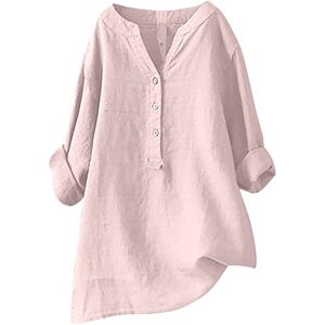 Yolimok Summer Cotton Linen Tops for Women UK, 2024 Womens Casual 3/4 Sleeve Buttons V Neck Loose Blouse Dressy Ligntweight Plus Size Shirts Oversized Tees Dressy Blouses Office Work Blouse Pink