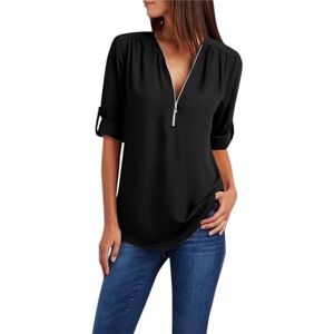 Generic Long Sleeve Tops for Women UK Summer Zipper V Neck Solid Colour Blouse Ladies Casual Loose Fit T Shirts Elegant Dressy Tunics Black