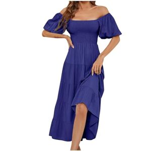 Summer Dresses for Women UK Off Shoulder Casual Maxi Dresses Flowy Tiered Beach Dress Ladies Swing Holiday Loose Bohemian Dresses Elastic Square Neck Short Sleeve Long Dress for Night Out Party Blue