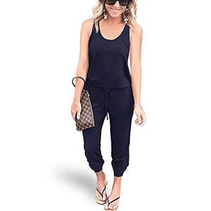 REORIA Women Summer Casual Sleeveless Tank Top Elastic Waist Loose Jumpsuit Vacation Rompers with Pockets Navy Blue Small