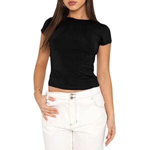 Loalirando Women Basic Short Sleeve/Long Sleeve Crop Top Skim Dupes Y2K Crewneck T-Shirt Solid Color Going Out Blouse Retro Streetwear, Black B, L