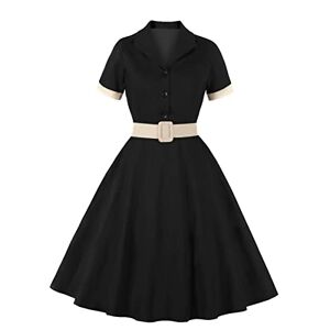 1950s Dresses for Women Plus Size Vintage Classy 50s Style Audrey Hepburn Short Sleeve Peter Pan Collar Rockabilly Retro Swing A Line Midi Summer Dress Skater Cocktail Party Prom Gown Black M