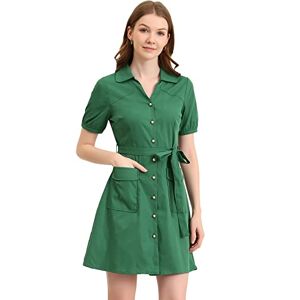 Allegra K Women's Vintage Lapel Puff Short Sleeve Belted Button Down Shirt Dress Dark Green 16