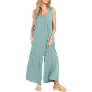 Generic Women Sleeveless Solid Color Casual Fashion Button Pocket Denim Jumpsuit Jumpsuit, Green, M