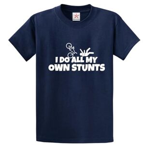 I Do All My Own Stunts Falling Funny Print Unisex Adults Crew Neck T-Shirt(S, Navy)