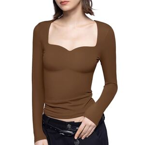 Yileegoo Women's Y2K Slim Fit Crop Tops Casual Solid Color Off Shoulder Crew Neck Long Sleeve Tight T-Shirt Basic Blouse Tee Tops (A16 Coffee, L)