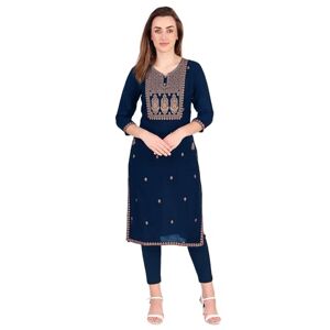 Ladyline Womens Rayon Slub Embroidered Kurti Tunic Kurta Slits Embroidery (38/Navy-Blue)