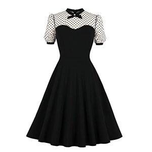 1950s Dresses for Women Vintage 50s Fancy Style Elegant Polka Dot Patchwork Short Puff Sleeve Summer A Line Swing Midi Skater Dress Cocktail Wedding Guest Party Evening Prom Gown Plus Size Black S