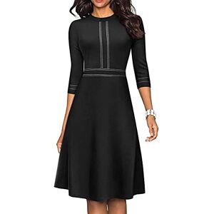 Bienwwow Women Ladies Vintage A-line Dresses Crew Neck 3/4 Sleeve Dress Chic Patchwork Cocktail Business Midi Dress (834black,M,M)