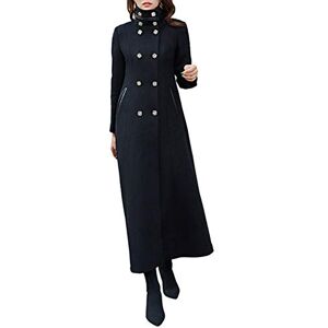 PLAERPENER Women's Classic Double-Breasted Thick Cashmere Coat Winter Long Wool Blend Trench Coat Jacket (Black-stand Collar- Style 2, 10)