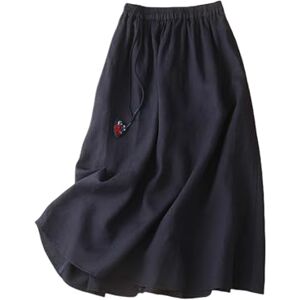 GerRit Skirt Women Holiday Elastic Waist Midi Skirt Summer Side Pockets Casual Solid A Line Cotton Skirt-black-l