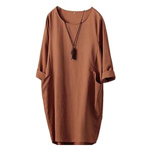 FTCayanz Women's Linen Dress Oversized Long Sleeve Tunic T Shirt Dress Baggy Long Tops with Pockets Orange Medium