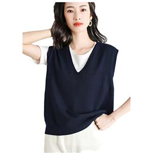 Disimlarl Women's Sweater V-Neck Knitted Loose Vest Solid Color Simple Waistcoat Outside Navy Blue L