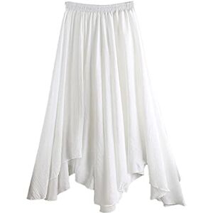 ORANZT Women's Linen Skirt Elastic Waist Band Long Maxi Skirt Bohemian Style Double Layer Solid Colour Crinkled Skirt - White