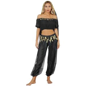 Hedmy Womens Sparkling Belly Dance Christmas Dancewear Costume Crop Top Bra Top with Bloomers Chiffon Dancing Skirt Black One Size