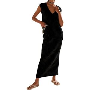 BowBoweir Women's 2 Piece Sweater Skirt Sets V Neck Sleeveless Ribbed Knit Tank Top & high-waisted Long Midi Skirt Retro Casual Set(Color:Black,Size:L)