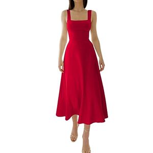 Wllhxyx New Women's Thick Straps Square Neck Midi Dress Summer Sleeveless Wide Strap Solid Casual Corset Dress Formal (Big red,M)