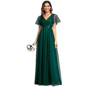 Ever-Pretty Women's V Neck Floor Length A Line Empire Wasit Short Sleeve Tulle Long Bridesmaid Dresses Dark Green 12UK