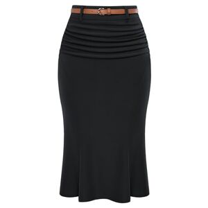 Belle Poque Pencil Work Skirt for Women High Waist Elegant Belted Bodycon Skirt Black L