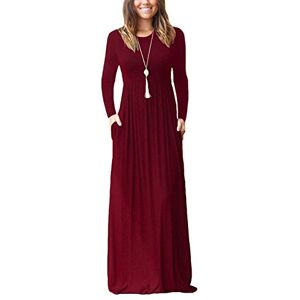 PCEAIIH Women's Casual Long Sleeve Maxi Dress Loose Long Dresses with Pockets (M-Wine Red)