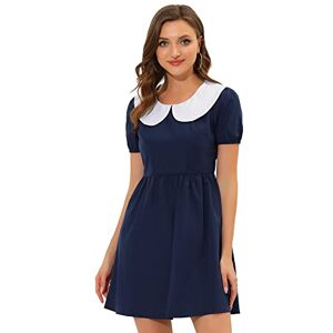 Allegra K Women's Contrast Peter Pan Collar Puff Short Sleeve A-line Dress Navy Blue 20