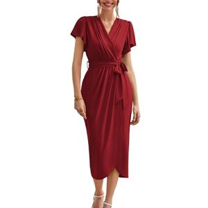 GRACE KARIN Elegant Dress for Women UK Red Ruffle Short Sleeve Summer Midi Dresses Formal Wrap Slit Bodycon Dress for Cocktail Wedding Valentine XL Size 20